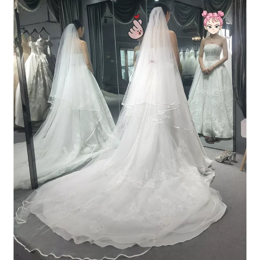 wedding cathedral veils two layers long hard Tulle lvory with ribbon edge bridal face veil Wedding dress accessories comb | Свадьбы и