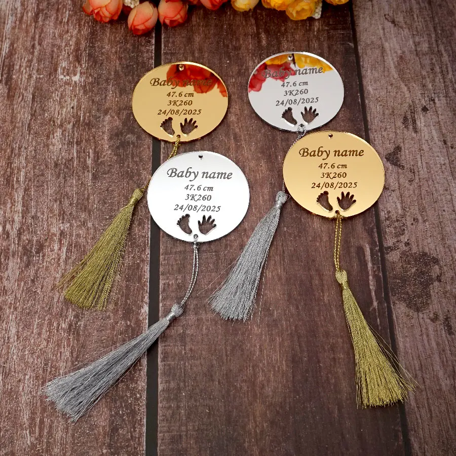 

30 Pieces/Lot Personalized 6cm 8cm Acrylic Mirror Babyshower Invitation Card New Baby Hand & Feet Party Decor With Tassel