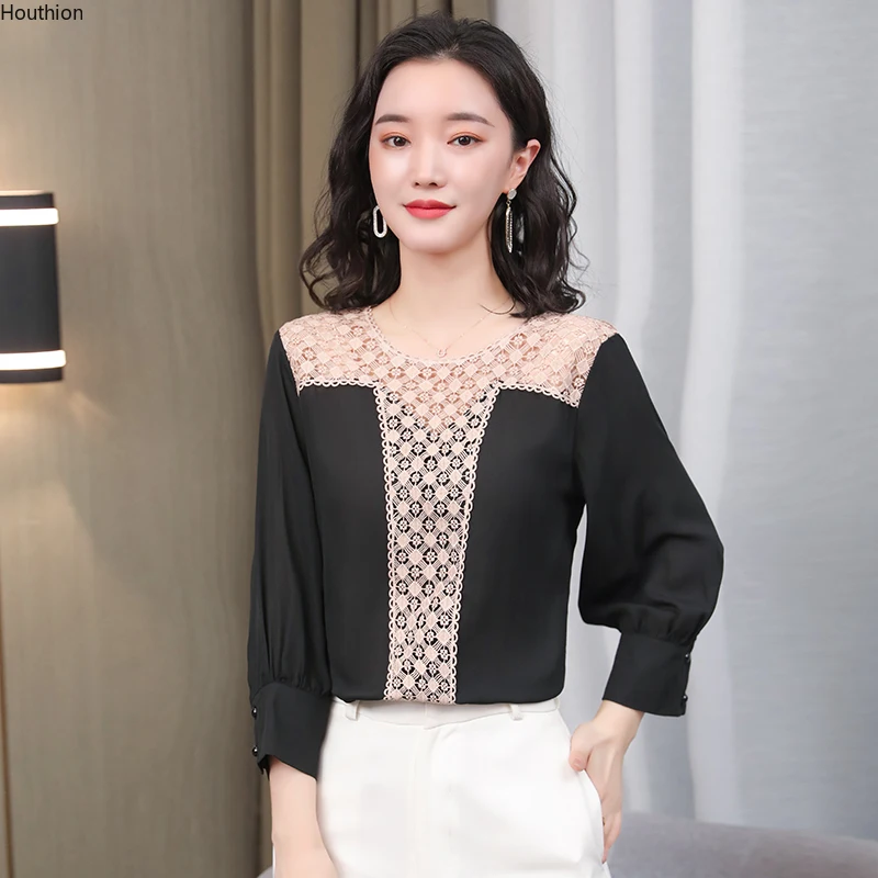 

Women's Blouses Summer Fashion Tops Casual Shirts Stitching Silk 3/4 Sleeve Korean New Patchwork O-Neck Lady Blusas