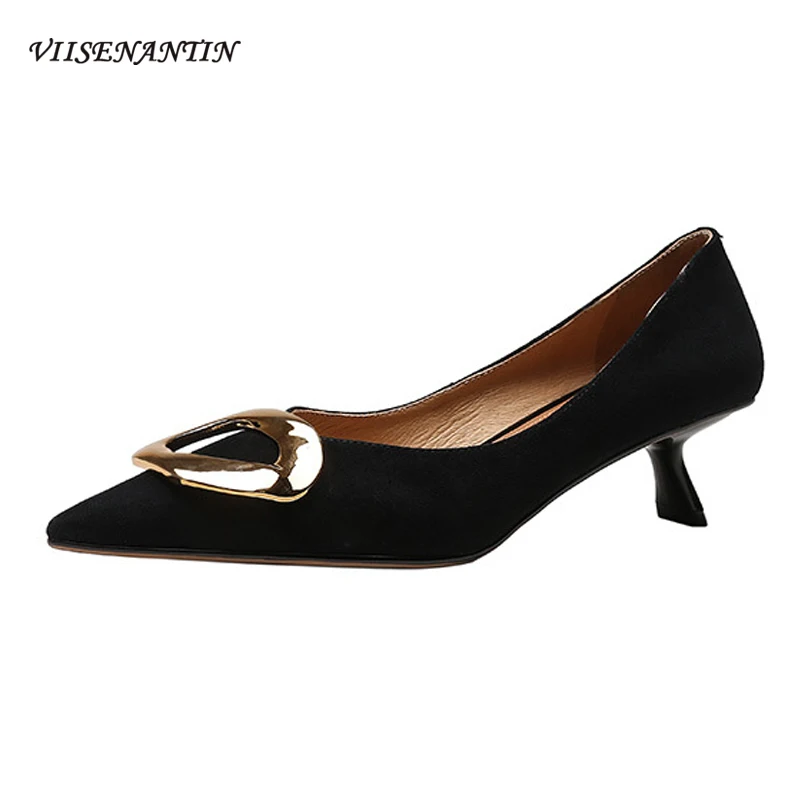 

2021 spring black mid-heel French frosted sheep anti-leather pointed shallow mouth stiletto heel round buckle high-heeled shoes