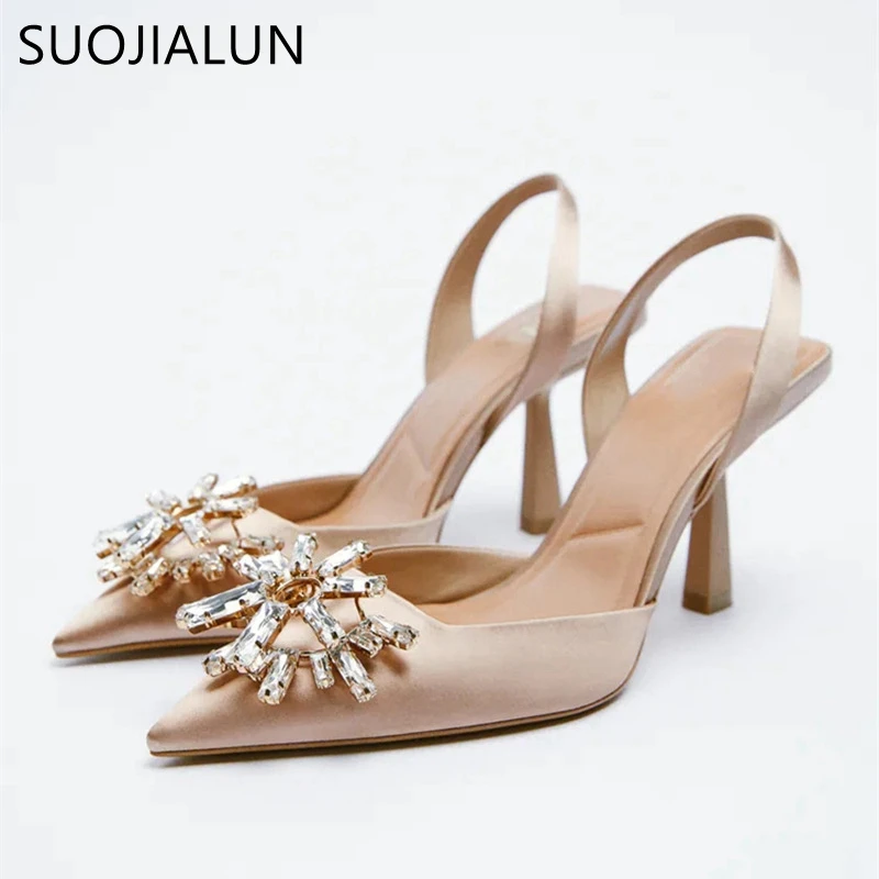 

SUOJIALUN New Brand Women Slingback Shoes Fashion Bling Crystal Sandal Ladies Thin High Heel Pointed Toe Shallow Slip On Mules M