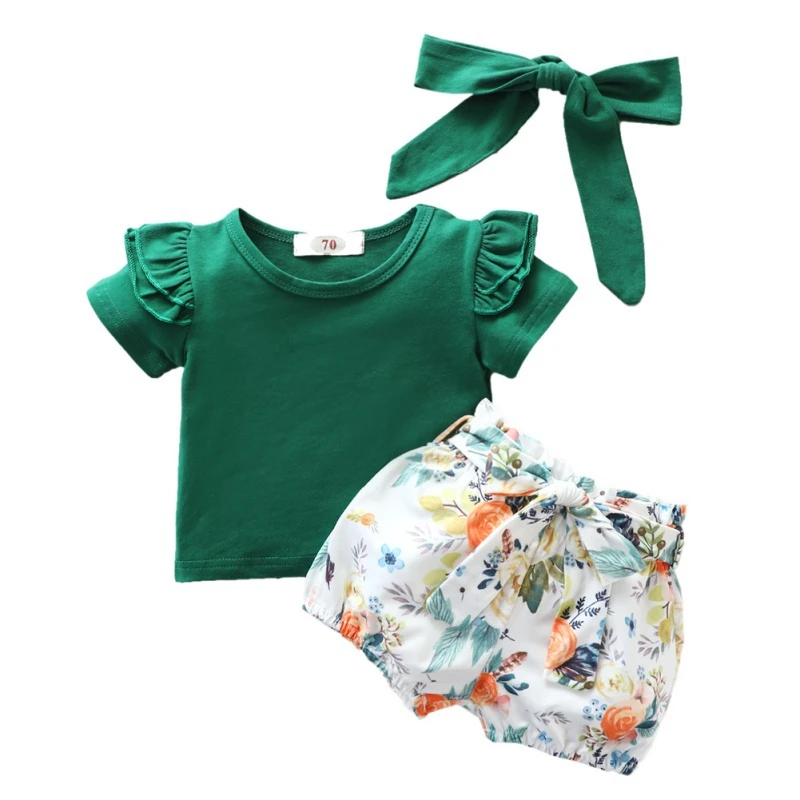 

Baby Girl Clothes 3PCS Newborn Baby Girl Romper T-shirt + Floral Shorts +Headband Outfit