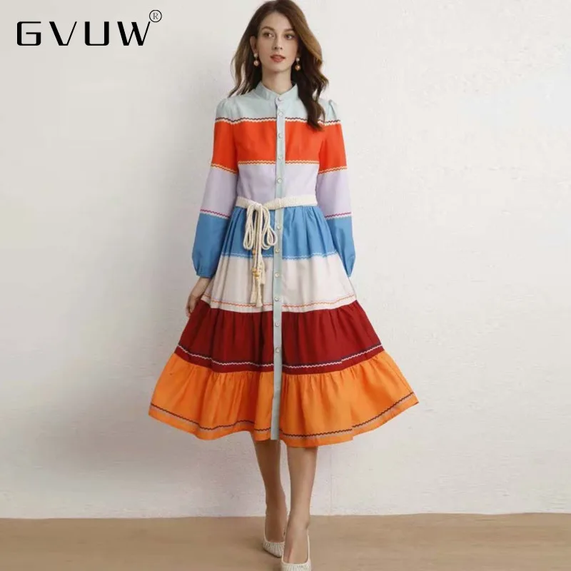 

GVUW 21 Early Autumn New Women's Wind Stand Collar Single Breasted Tassel Lace Up Waist Lantern Sleeve Color Contrast Dress KB08