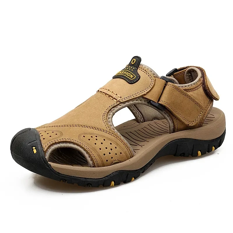 

Summer Men's Sandals Leather Baotou Breathable Casual Shoes Hollow Anti Slip Soft Sandals Beach Shoes Clip Toe Slippers