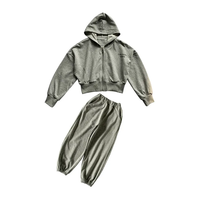 

New solid color 2021 tide boys and girls sports suit hooded sweater and foot pants leisure two-piece suit