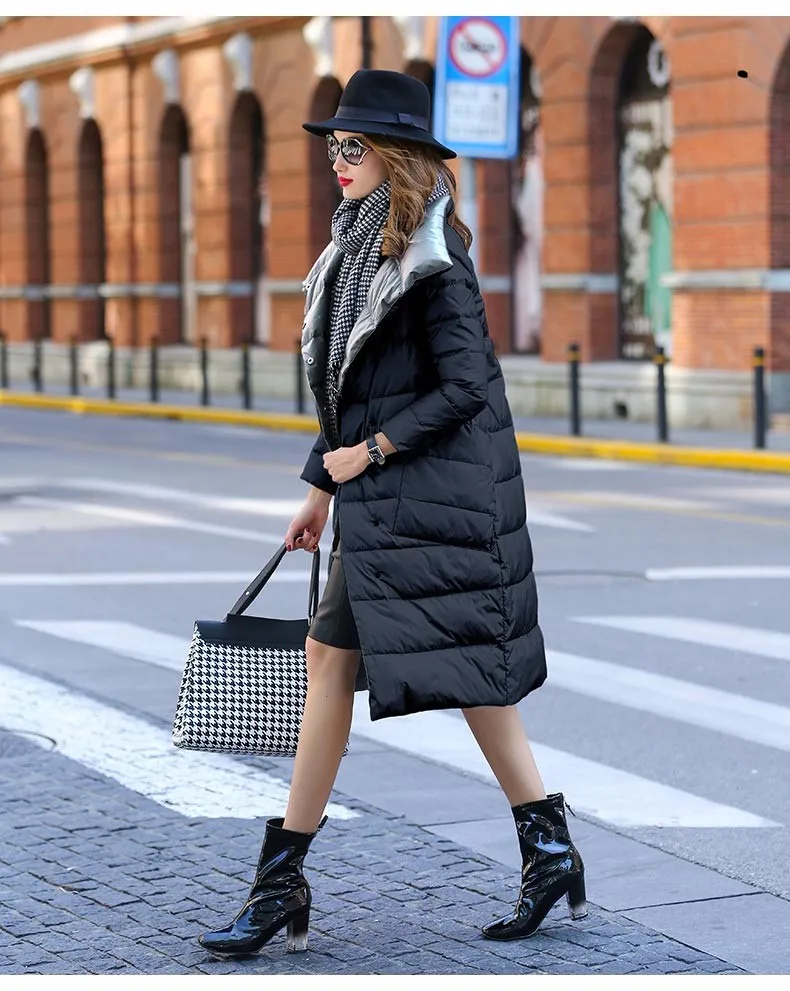 Double Sided Women's Down Jacket Long Winter Turtleneck White Duck Down Coat Female Double Breasted Plus size Warm Plaid Parkas