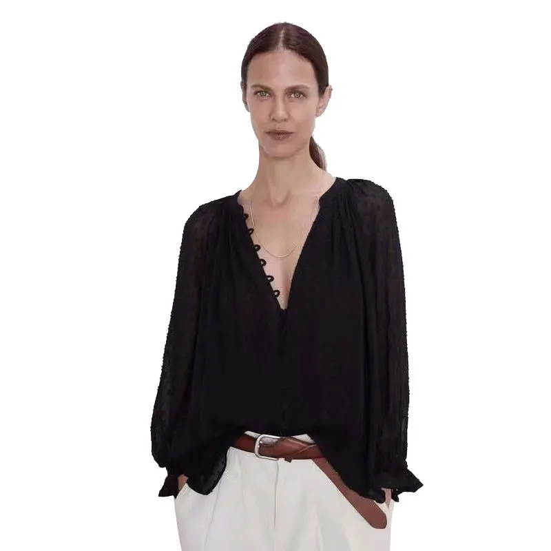 

Autumn Black Translucent Mesh t-shirt Women Spring V-neck Loose t-shirts Long Sleeve