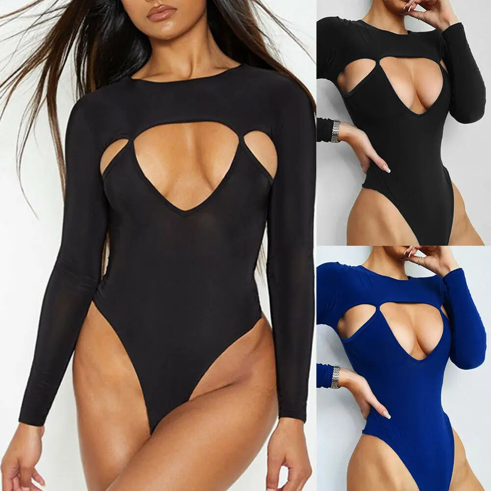 Модные женские боди с длинным рукавом открытые облегающие топы комбинезон-трико