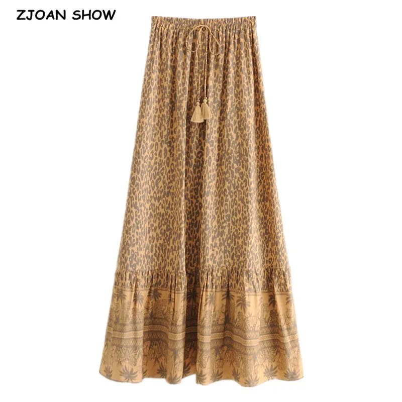 

2021 Bohemia Leopard Print Long Skirt Spliced Ruched Ruffle Hem Hippie Women Tassel Tie Bow Swing Skirts Holiday Beach