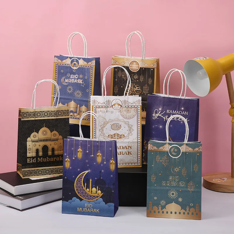 

6pcs/set Eid Mubarak Paper Gift Bags Ramadan Favor Bag for Party Supplies Gift Goody Treat Candy Bags Muslim Kraft Decoration