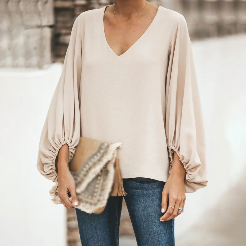 Women Tops Chiffon shirts puff Sleeve V-Neck Loose Fashion office lady blouse autumn tops |