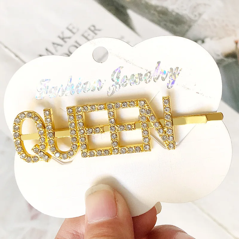 QUEEN Gold 1 шт. QUEEN/GODDESS/BLESSED буквы хрустальные шпильки для волос Стразы заколки для волос металлические заколки женские головные уборы аксессуары для укладки волос - Цвет: QUEEN Gold