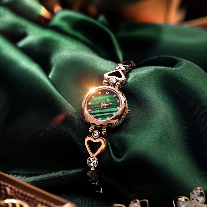 

Diamante Ladies Quartz Watch Fashion Tungsten Steel Strap Green Dial Romantic Heart Relojes часы женские