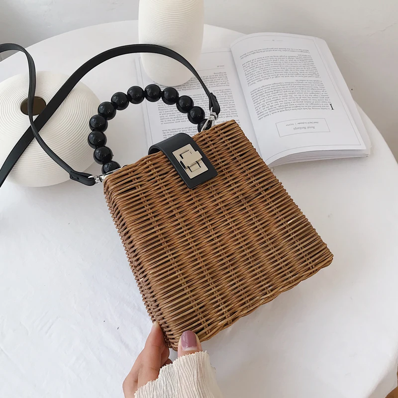 Высококачественная соломенная сумка с бусинами в стиле ретро пряжкой Женская