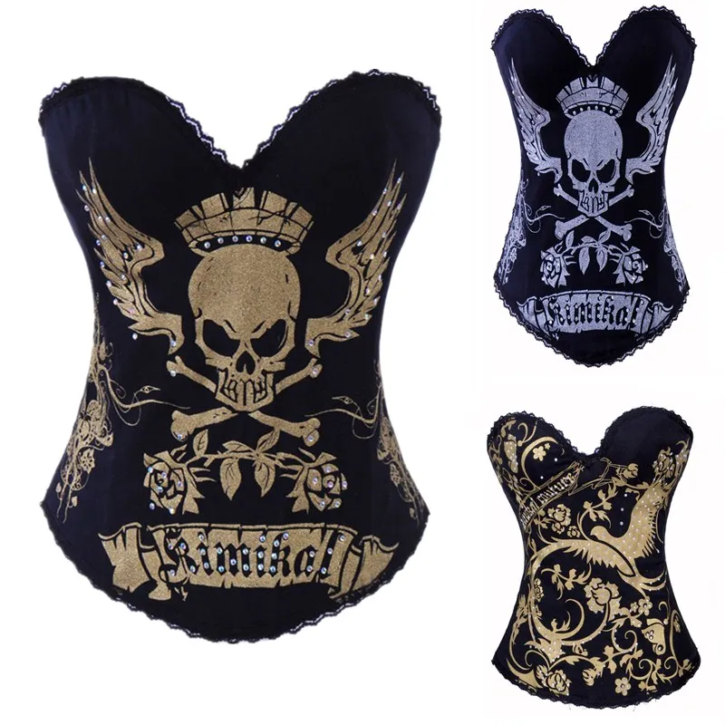 Женский сексуальный корсет из хлопка с принтом в виде черепа и пуш-ап готический
