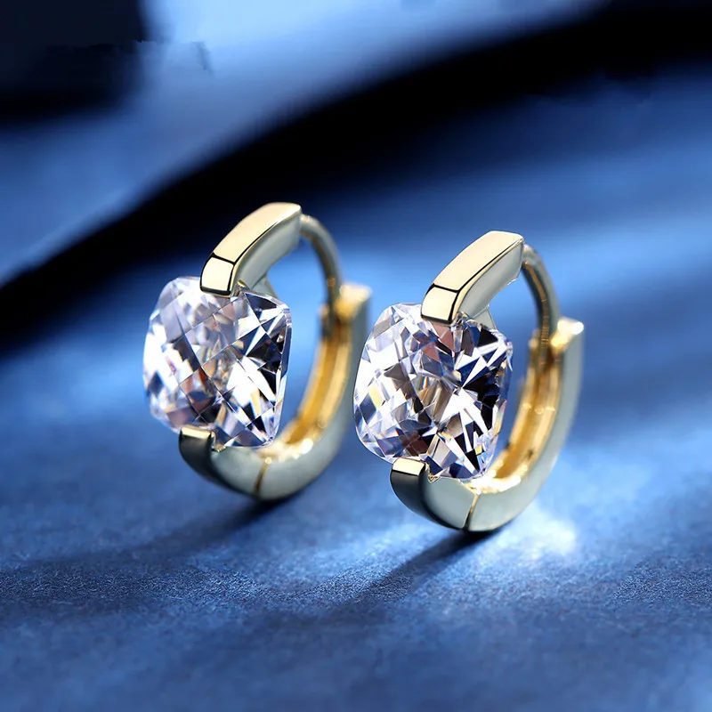 

Luxury Fashion 14K Gold Plated Princess Cut White Cubic Zirconia Bright Clip on Hoop Earrings Female Jewelry Anniversary Gift