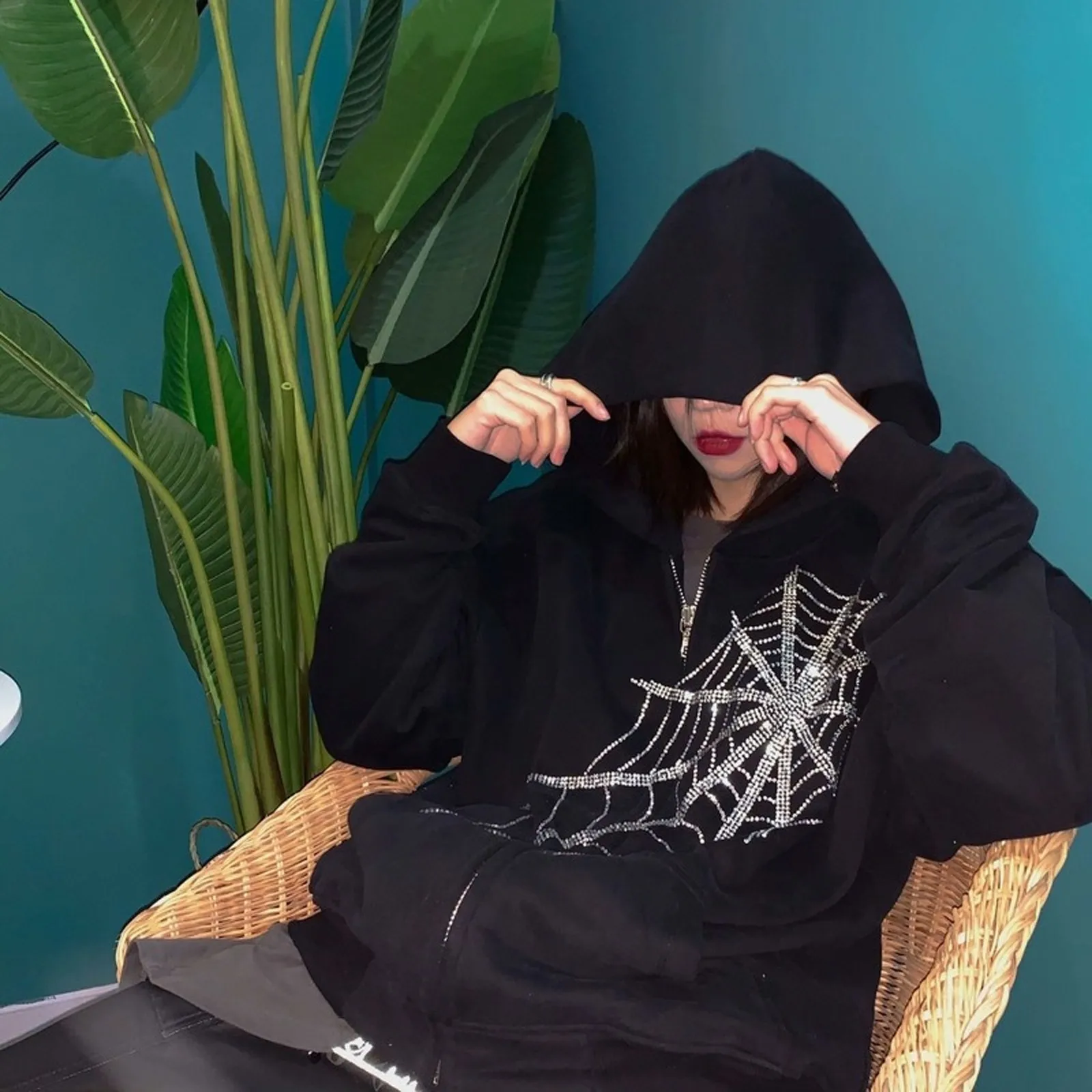 Women Hoodies Long Sleeve Spider web Rhinestone Printed Oversized Street Sweatshirts Ladies Casual Jacket 2021 Autumn Clothes