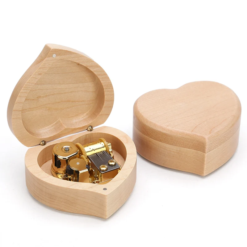 Heart Shaped Wooden Music Box Solid Beech Wood Clockwork Musical Box Girlfriend Birthday Valentines Christmas New Year Gift