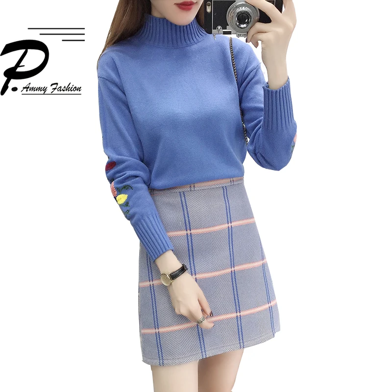 Женский 2019 Осень Зима Новый Водолазка вышитый вязаный свитер и сексуальный