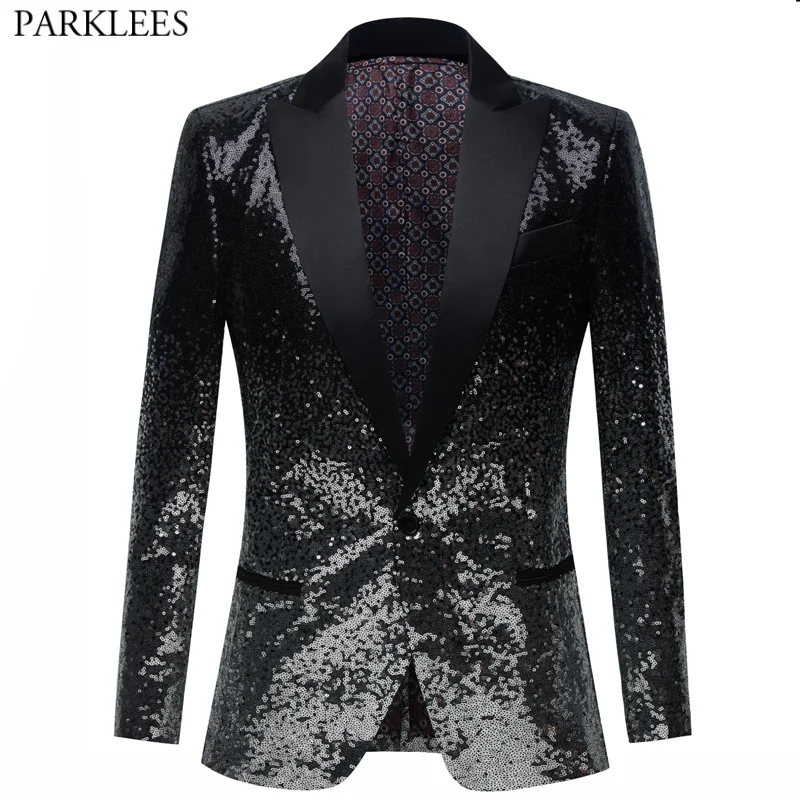 Черная блестящая куртка на одной пуговице стильный пиджак с градиентом и