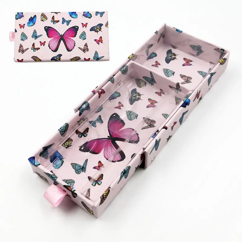 

Wholesale False Eyelash Packaging Box Lash Boxes Custom Faux Cils Eyelashes Package Colorful Butterfly Print Drawer Pink Cases