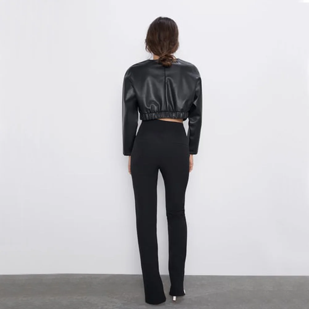 Женский кожаный короткий Свитшот ZA Черный Повседневный свитшот в стиле панк