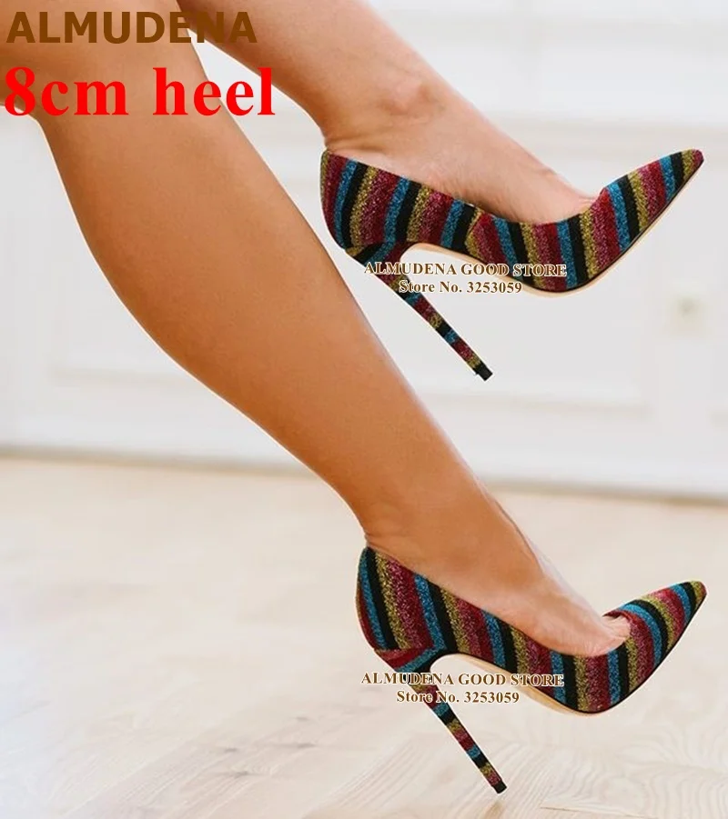 gold 8cm heel ALMUDENA/разноцветные туфли-лодочки на высоком каблуке, расшитые блестками; яркие модельные туфли в радужную полоску; шикарные туфли-лодочки на шпильке - Цвет: gold 8cm heel