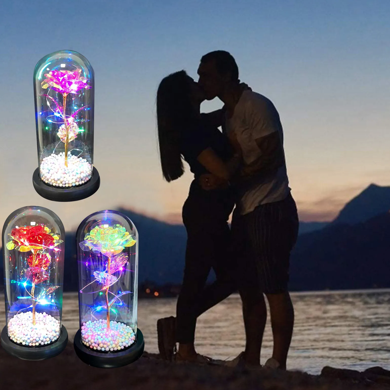 

Gift Shop LED Glow-In-The-Dark Glass Cover Rose Artificial Flower Eternal Flower Couple's Gift Valentine's Day Gift Free ship