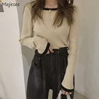 Свитер-пуловер Женский Осенний Простой Трикотажный облегающий топ с круглым вырезом и длинным рукавом модный лоскутный Универсальный женский топ для отдыха