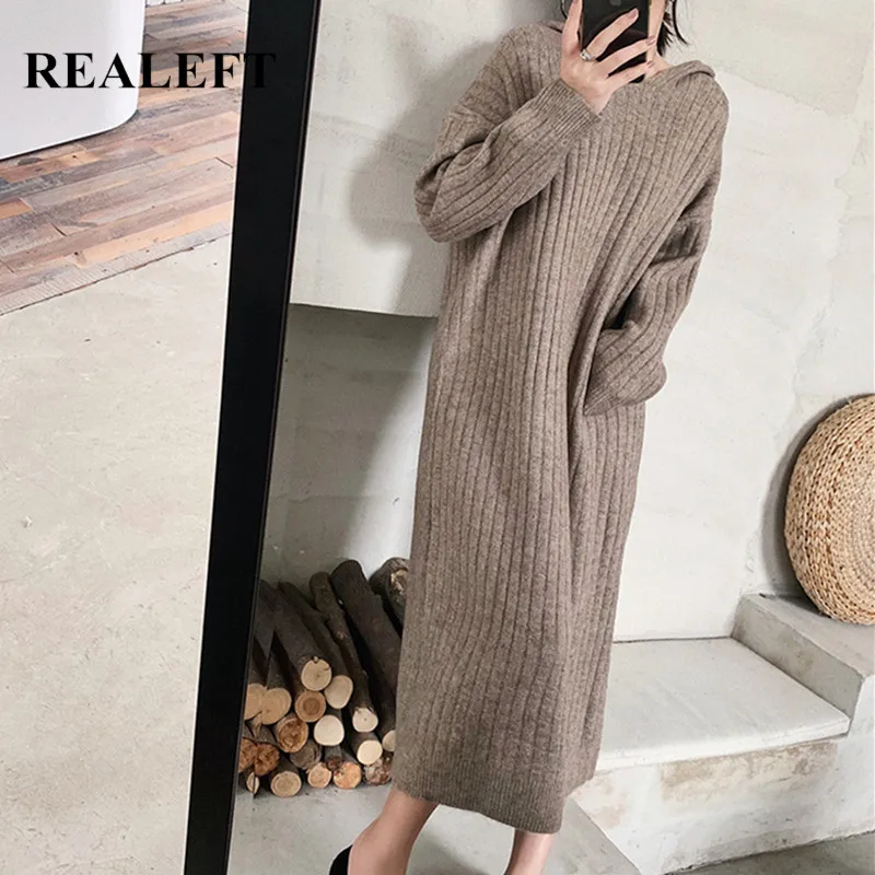 REALEFT новинка Осень зима длинное выше колена с капюшоном свободный стиль