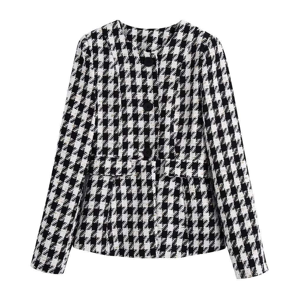 

DYLQFS 2021 Tweed Women Vintage Houndstooth Long Sleeve Slim Office Lady Blazer Female Single-breasted Streetweaer Suit Top