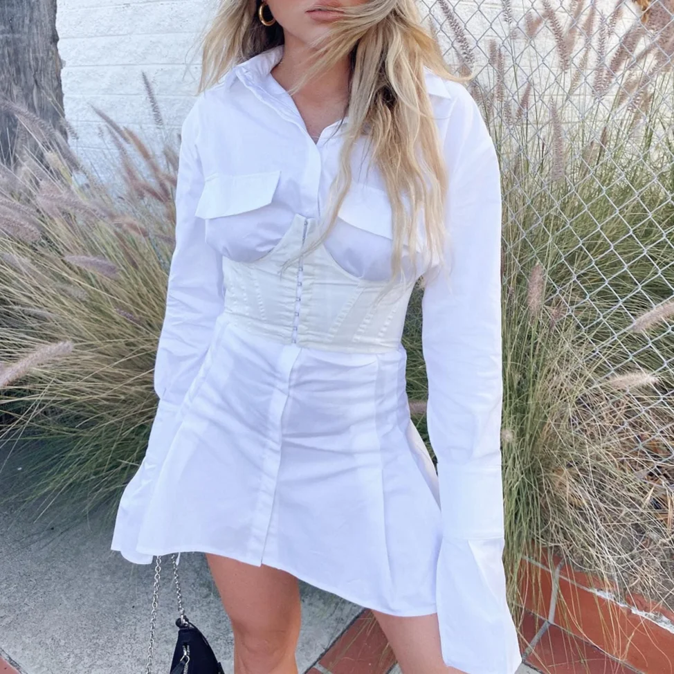 

2021 Shirt Dress Lapel Long Sleeve Bandage White Green Women Sexy Mini A Line Office Autumn Casual Tunic Dresses Gothic Fashion