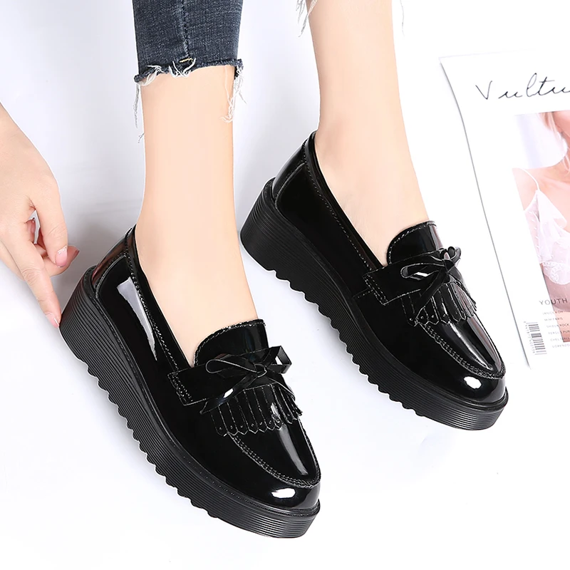 Женские лоферы на плоской подошве EOFK весенне осенние милые черные туфли из