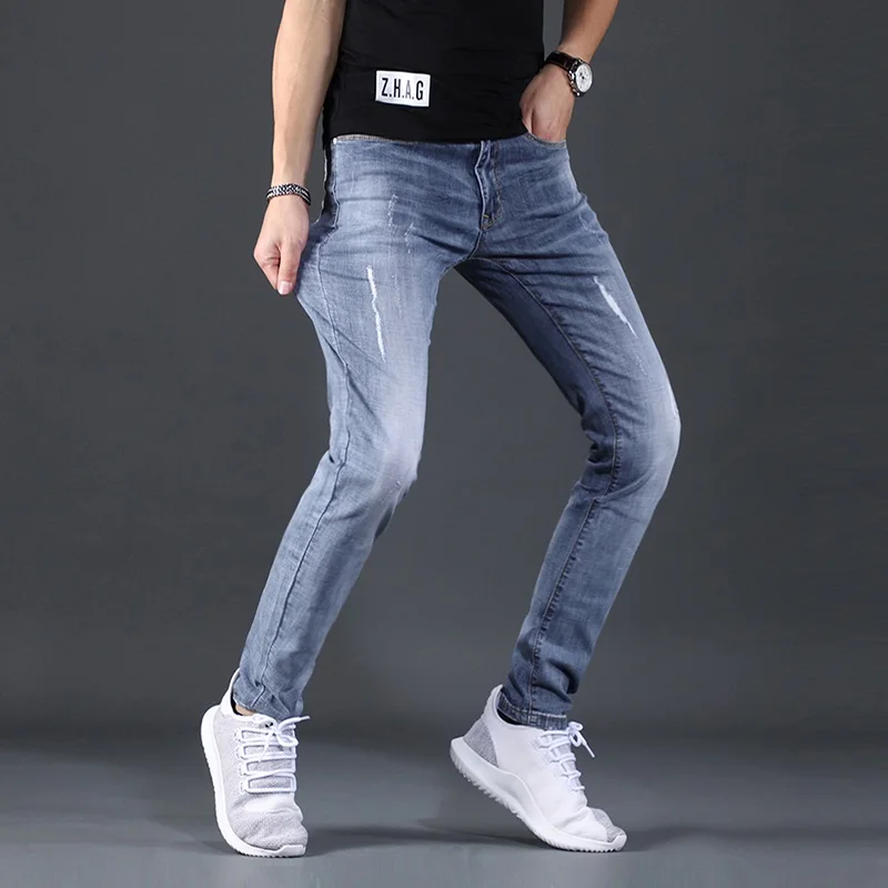 Summer Light Blue Jeans Men Casual Slim Fit Pencil Pants Thin Ripped Denim Trousers