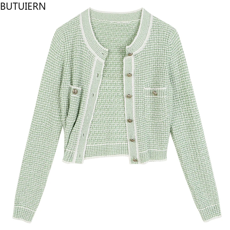 

Knitted Cardigan 2021 New Mint Green Women's Korean Versatile Style O Neck Long Sleeve Buttons Thin Knitwear Casual Female Tops