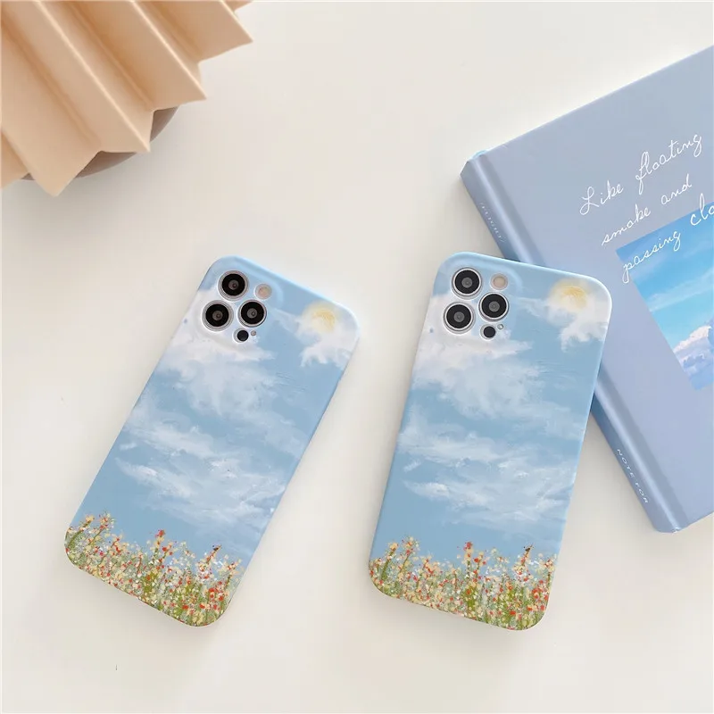 

Blue sky Clouds flowers phone Case for iphone 12 Mini 11 Pro MAX X XR XS MAX 7 8 Plus SE2020 soft silicone Back Cover Capa Funda
