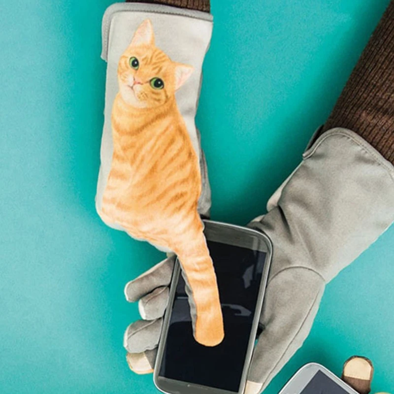 

Women Winter Cute Kitten Tail Finger Touchscreen Gloves Cartoon Animal 3D Digital Print Faux Fleece Lined Windproof Thermal M7DD
