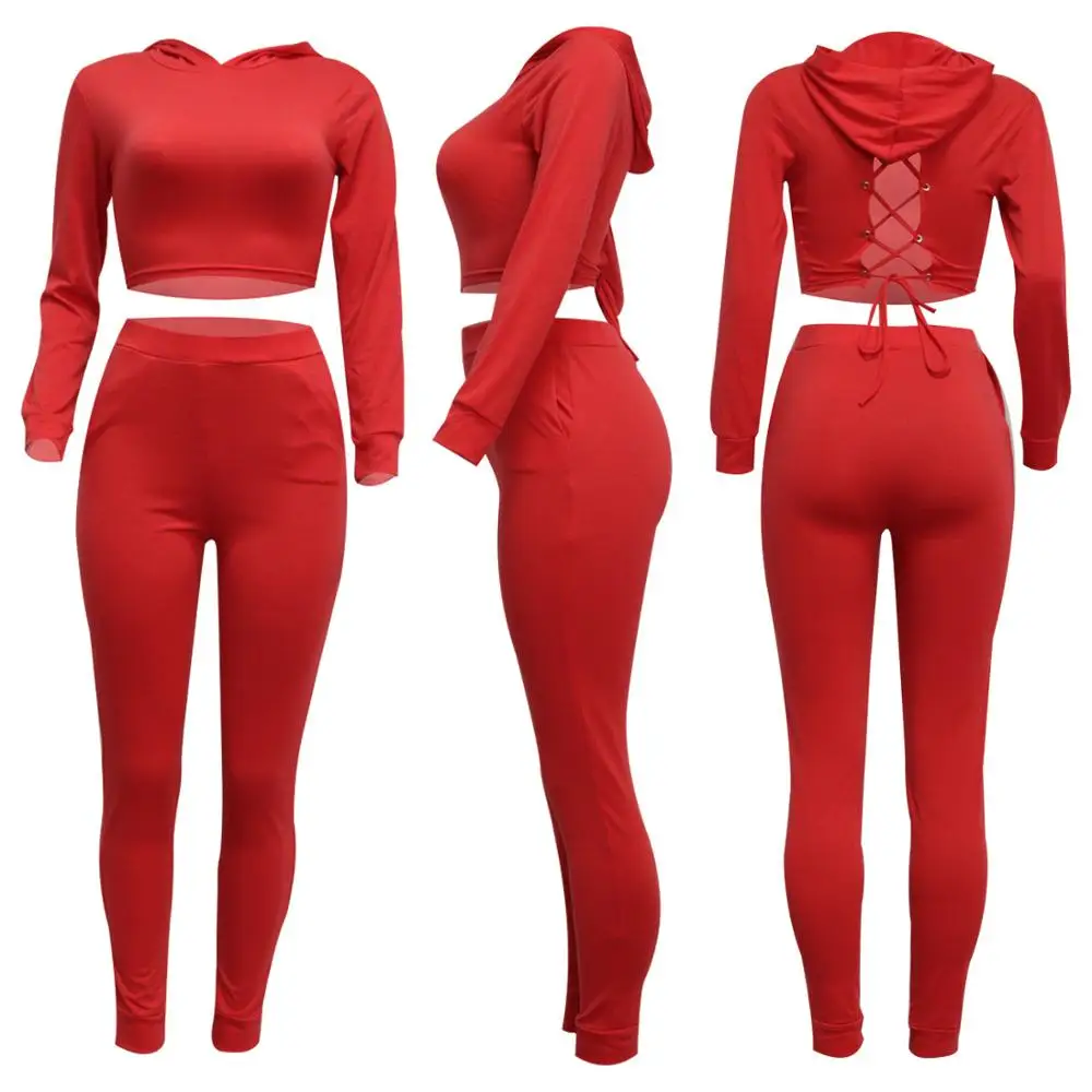 

Autumn 2020 new solid color sexy women's suit slim fitting hooded long sleeve shirt and trousers 2-piece set