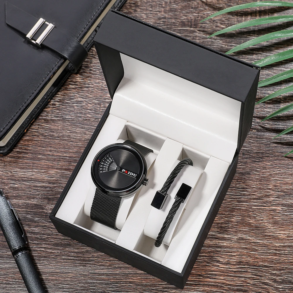 

Waterproof 30m Men Watches for Gift Box Set IP Plated High Quality Band Quartz watches with Titanium Bracelet for Christmas Gfit