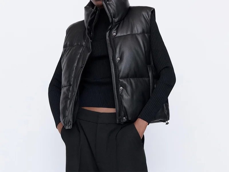 

Autumn Winter Black Cotton Vest Women Sleeveless Jacket Stand Collar Ladies PU Waistcoat Top Girls Outerwear Streetwear Coats