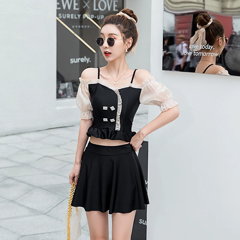 

Пикантный бикини с высокой талией, женский пляжный купальник, купальник с открытыми плечами, бикини пуш-ап с оборками, короткая юбка, пляжна...