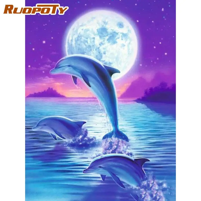 

RUOPOTY Animal Painting By Numbers For Kids Colorful Underwater World Dolphin Scenery Paints By Number Home Decor Photo
