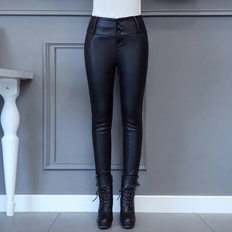 Осень зима 2019 женские брюки из натуральной кожи с бархатной овечьей шерстью и