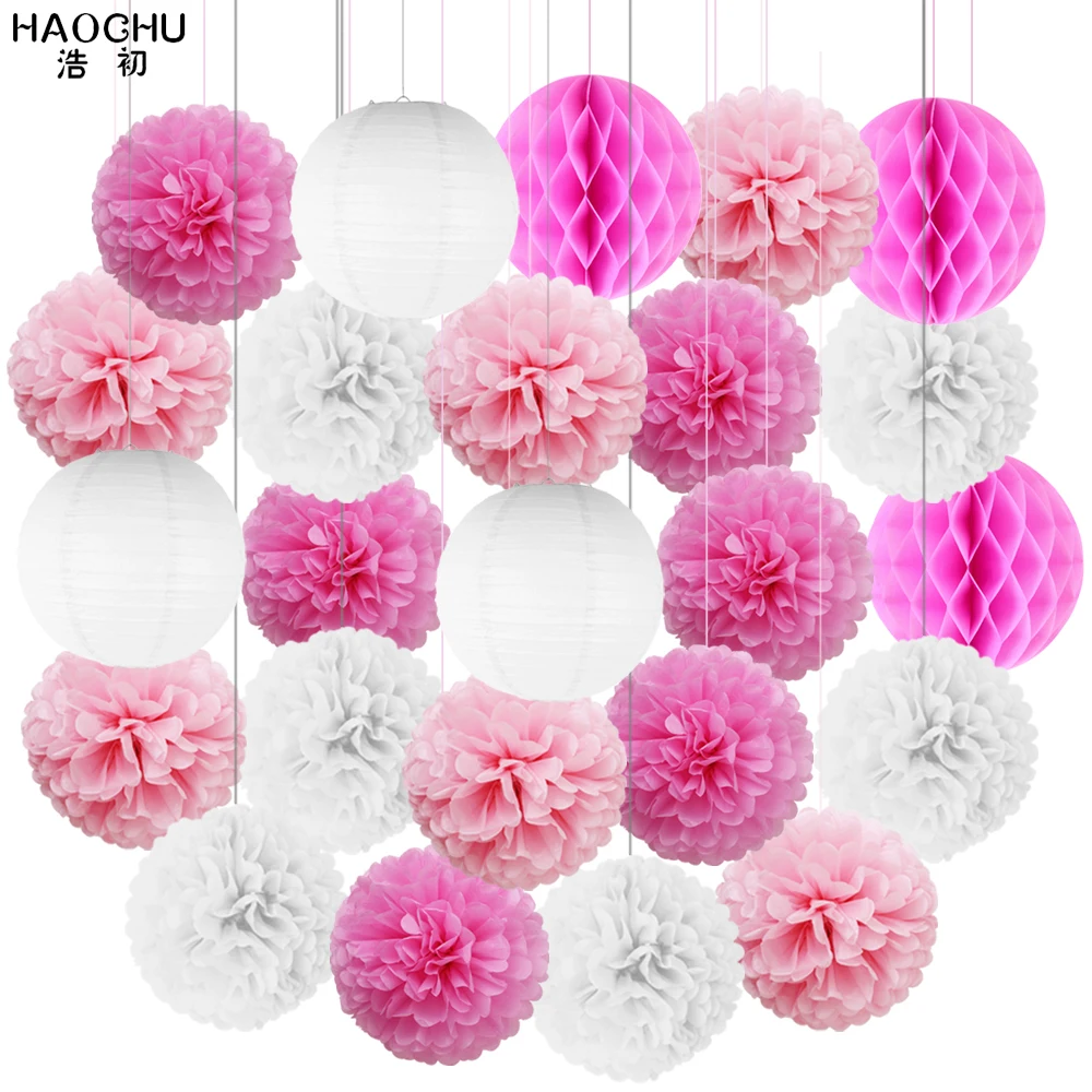 

24Pcs/Set Hanging Paper Ball Lanterns Tissue Paper Pom Pom Flower Honeycomb Balls Lantern Wedding Birthday Christmas Party Decor