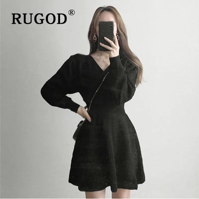RUGOD однотонные винтажные вязаные платья для женщин корейское шикарное
