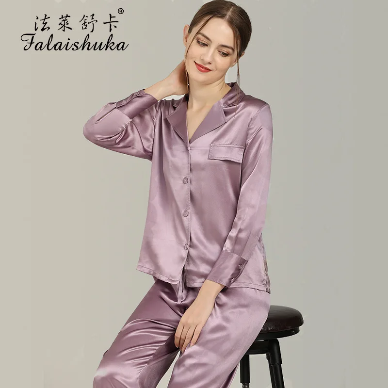 Women's Silk Pajamas Set Solid Color 2021 Summer Spring Full length Sleeve Sleepwear Home Wears