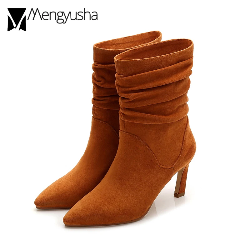 Плиссированные мотоциклетные ботинки из флока коричневые бархатные удобные