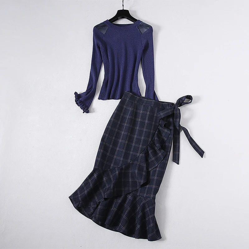 

Newest HIGH QUALITY Fashion 2021 Runway Suit Set Women's Knitting Sweater Ruffle Plaid Mermaid skirt set