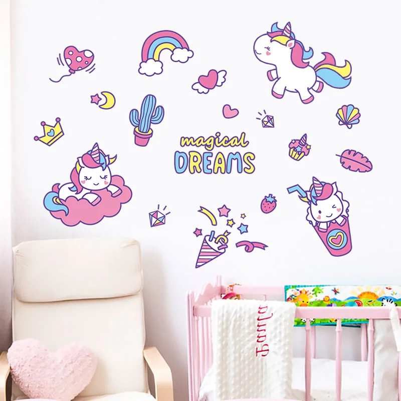 Мультяшные настенные стикеры с единорогом для детской комнаты Декоративные