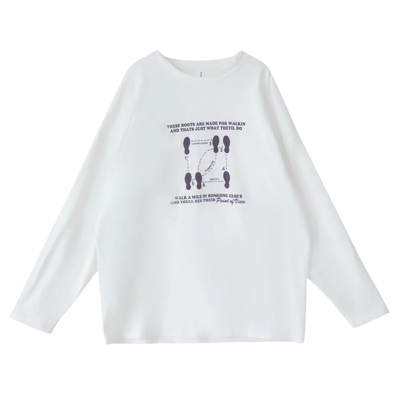

Pure Cotton Pullover Round Neck Print Design Harajuku T-Shirt Women Long-Sleeved 2021 Autumn New Oversized Mid-Length Girl Tops